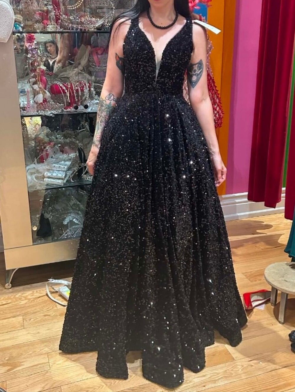 Amarra Black Sequin V-Neck Prom Gown with Strappy Corseted Back.